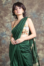 Load image into Gallery viewer, Green Blended Cotton Handwoven Soft Saree With Gheecha Pallu
