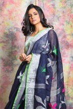 Load image into Gallery viewer, Dark Blue Pure Linen Saree With Multicolor Flower Motif In Body
