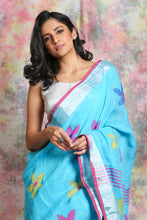 Load image into Gallery viewer, Sky Blue Pure Linen Saree With Multicolor Flower Motif In Body
