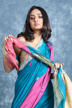 Load image into Gallery viewer, Blue Blended Cotton Handwoven Soft Saree With Gheecha Pallu
