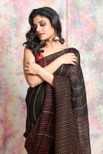 Load image into Gallery viewer, Black Kantha Style Pure Linen Saree
