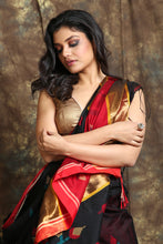 Load image into Gallery viewer, Black Floral Designed Handloom Saree With Red Pallu And Border
