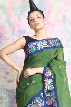 Load image into Gallery viewer, Green Blended Cotton Handwoven Soft Saree With Thread Work
