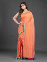 Load image into Gallery viewer, Orange &amp; Green Solid Handwoven Cotton Saree
