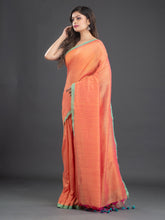 Load image into Gallery viewer, Orange &amp; Green Solid Handwoven Cotton Saree
