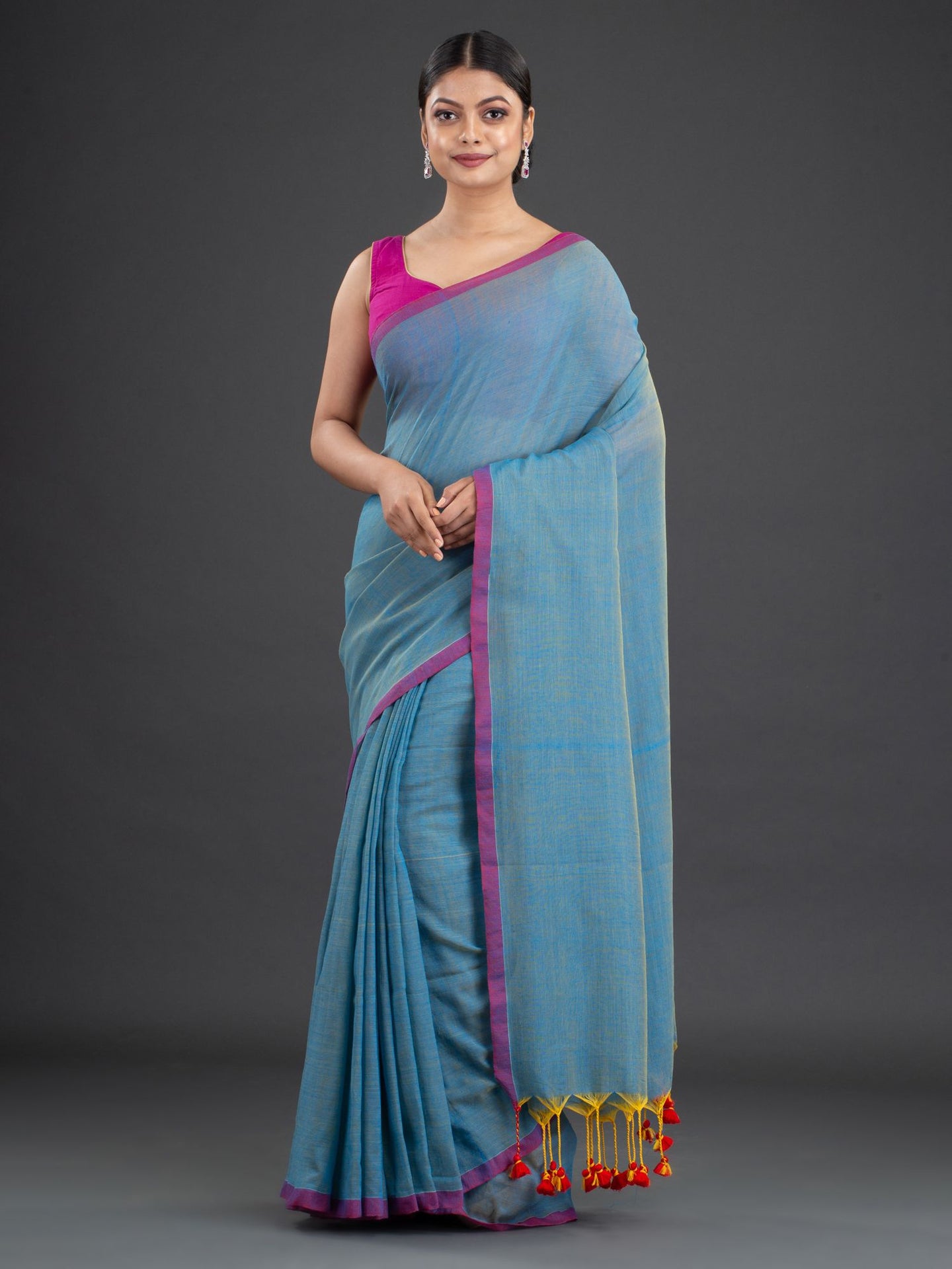Blue & Pink Woven Design Cotton Saree