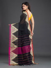 Load image into Gallery viewer, Black &amp; Purple Zari Solid Cotton Saree
