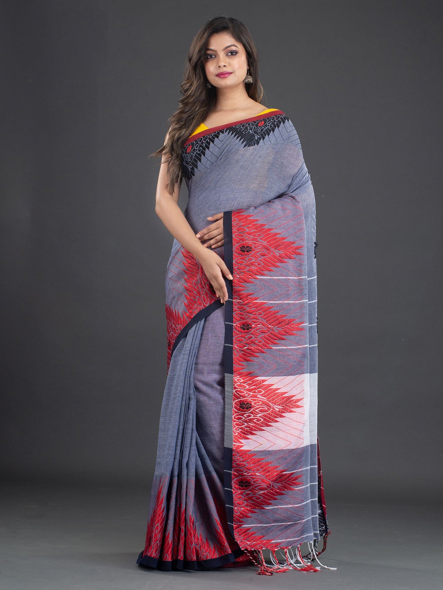 Grey & Red Cotton Saree With Woven Design Border