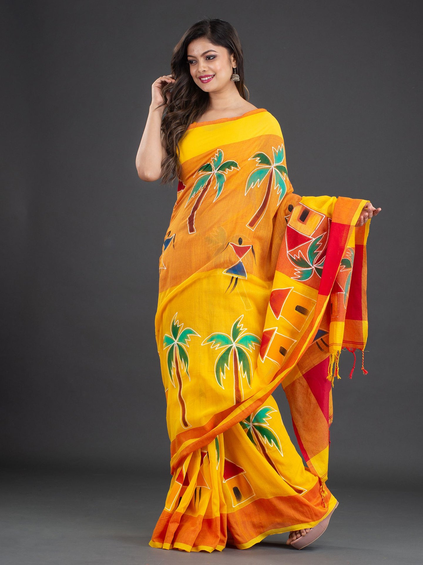 Women Yellow Warli Print Cotton Saree