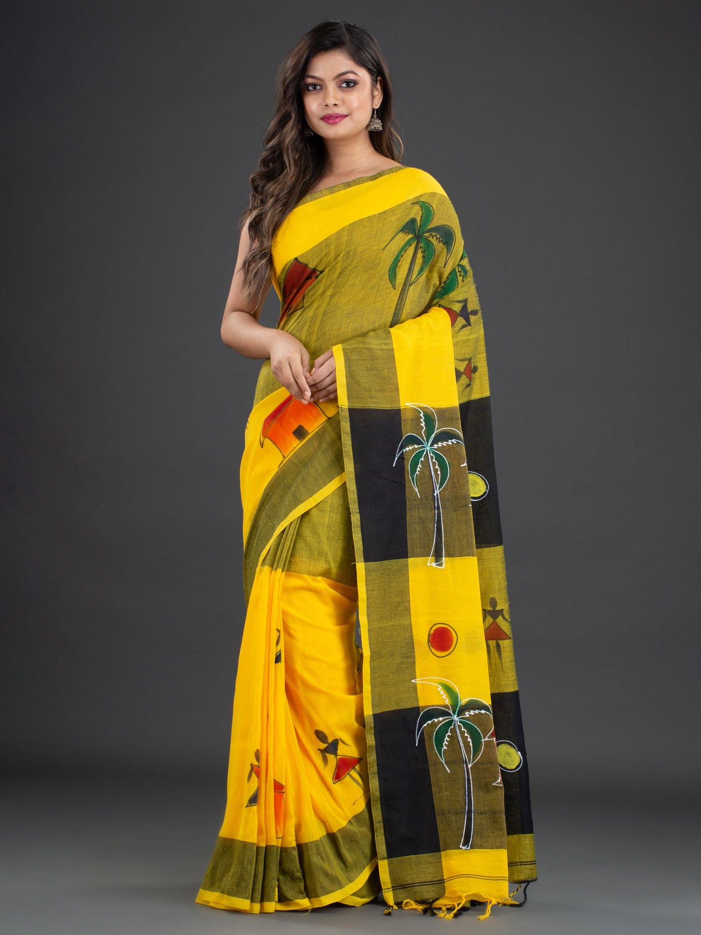 Women Yellow Warli Print Cotton Saree