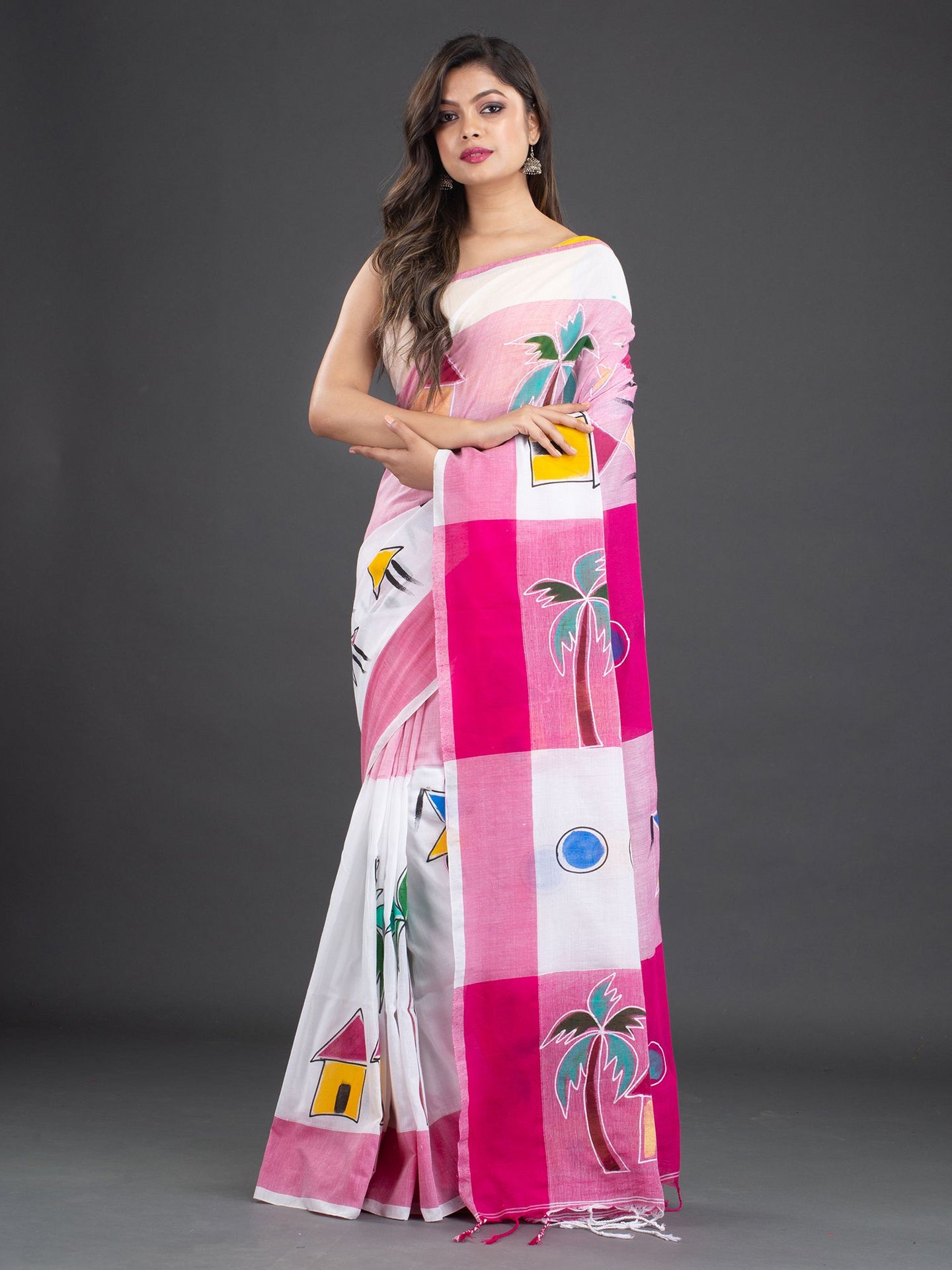 White & Pink Woven Design Cotton Saree