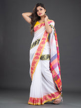 Load image into Gallery viewer, White &amp; Pink Floral Cotton Handwoven Saree

