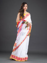 Load image into Gallery viewer, White &amp; Pink Floral Cotton Handwoven Saree
