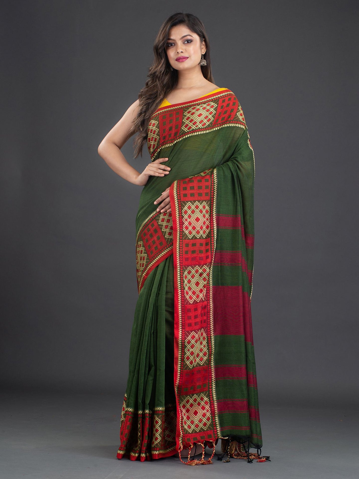 Green & Red Woven Design Cotton Saree