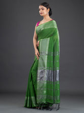 Load image into Gallery viewer, Green &amp; Silver-Toned Cotton Saree
