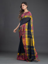 Load image into Gallery viewer, Navy Blue &amp; Yellow Woven Design Handwoven Cotton Saree
