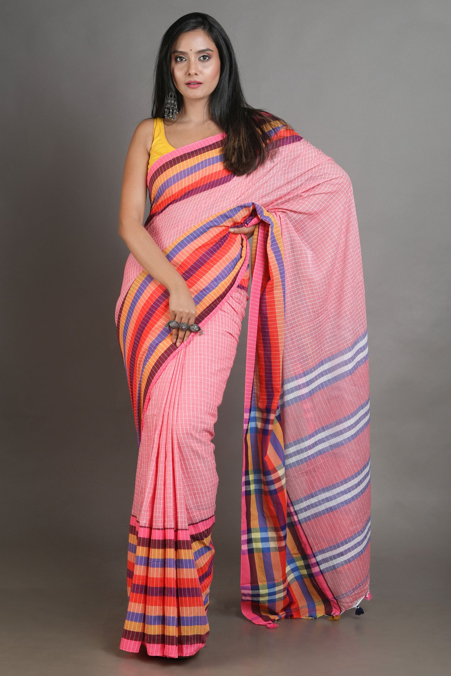 Pink Handwoven Cotton Saree With Checks Design