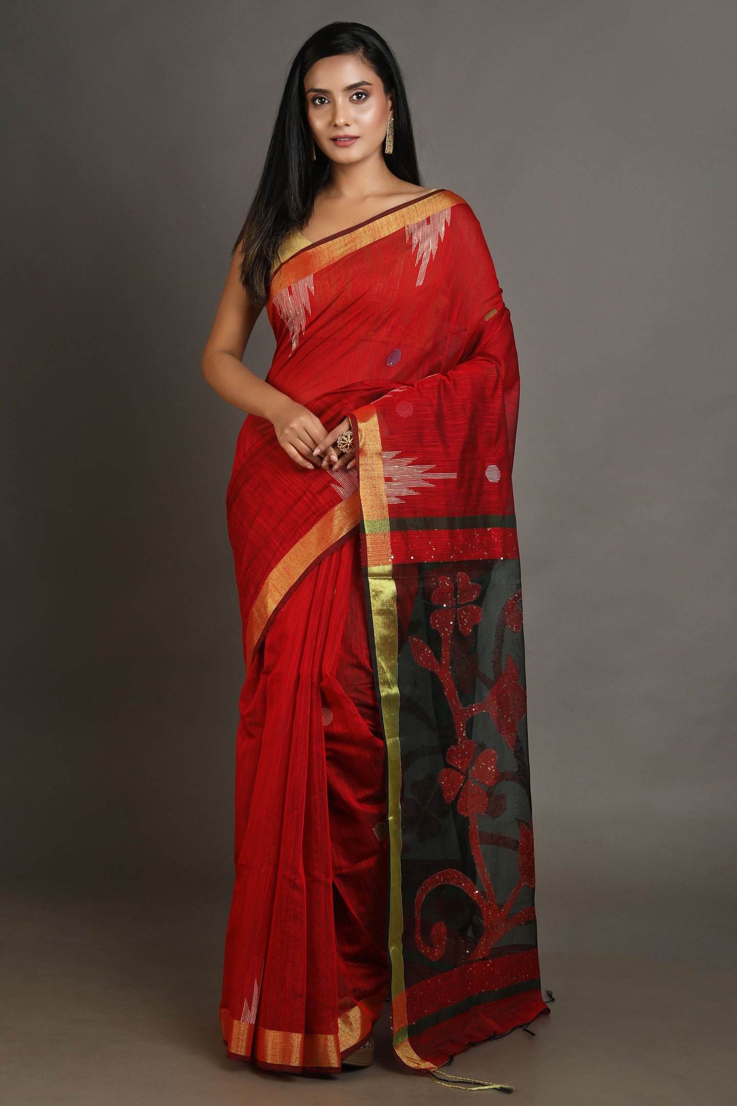 Red Blended Cotton Handwoven Soft Saree With Resham Pallu