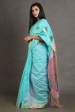 Load image into Gallery viewer, Sea Green Blended Cotton Handwoven Soft Saree With Resham Pallu

