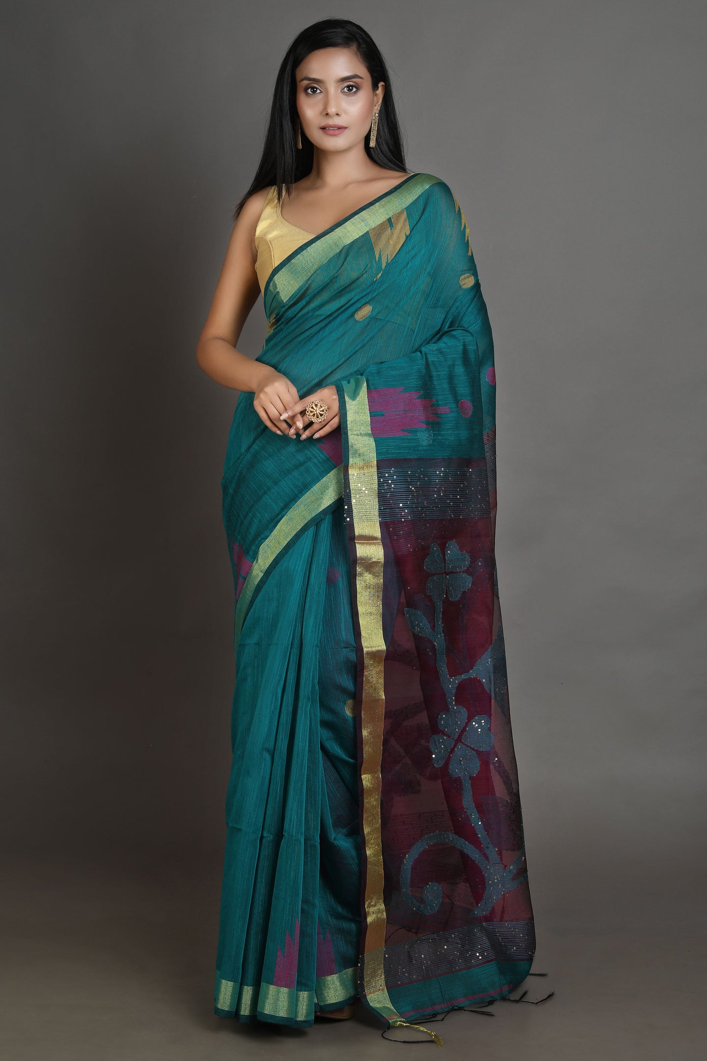 Green Blended Cotton Handwoven Soft Saree With Resham Pallu