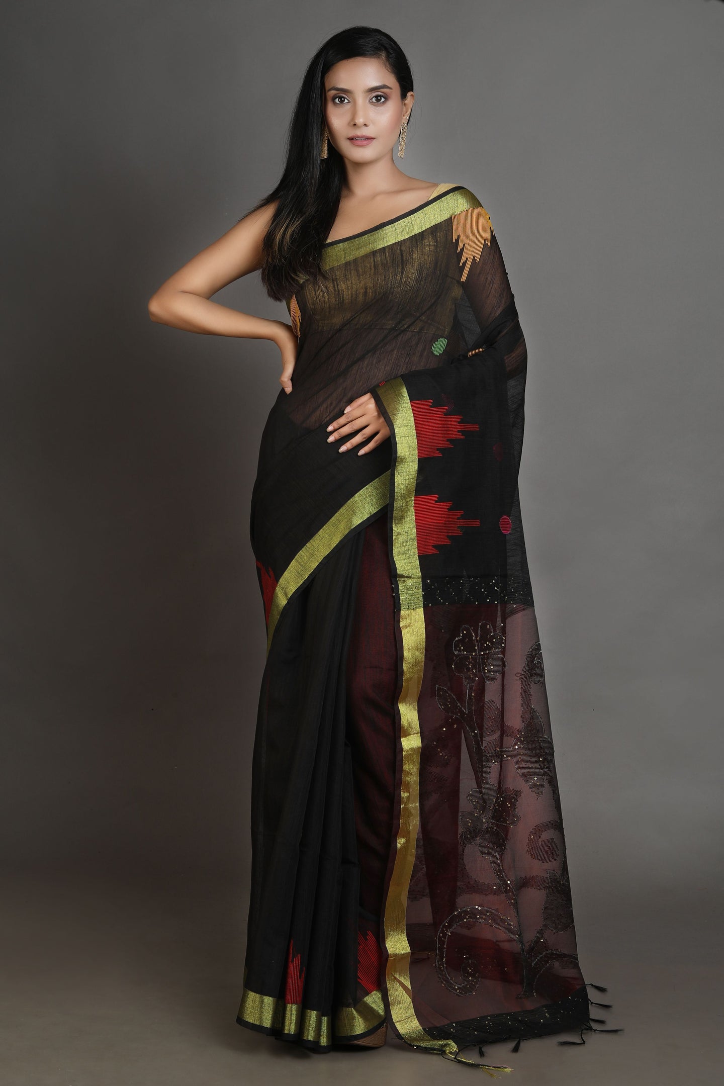 Black Blended Cotton Handwoven Soft Saree With Resham Pallu