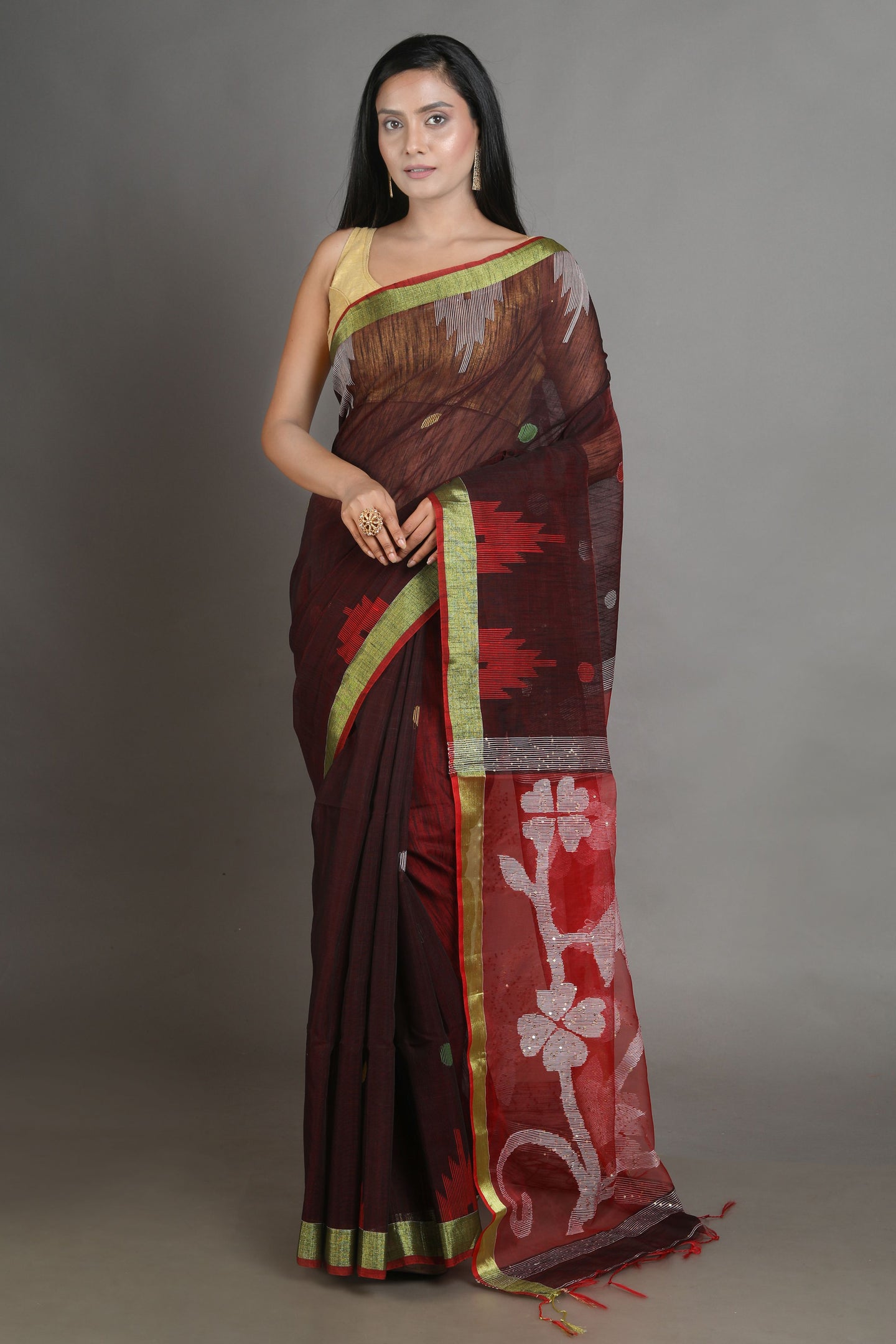 Wine Blended Cotton Handwoven Soft Saree With Resham Pallu