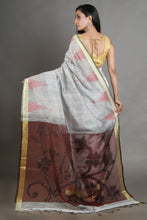 Load image into Gallery viewer, Light Grey Blended Cotton Handwoven Soft Saree With Resham Pallu
