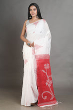 Load image into Gallery viewer, White Blended Cotton Handwoven Soft Saree With Resham Pallu
