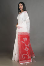 Load image into Gallery viewer, White Blended Cotton Handwoven Soft Saree With Resham Pallu
