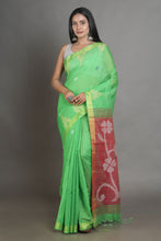Load image into Gallery viewer, Green Blended Cotton Handwoven Soft Saree With Resham Pallu
