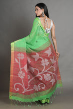 Load image into Gallery viewer, Green Blended Cotton Handwoven Soft Saree With Resham Pallu

