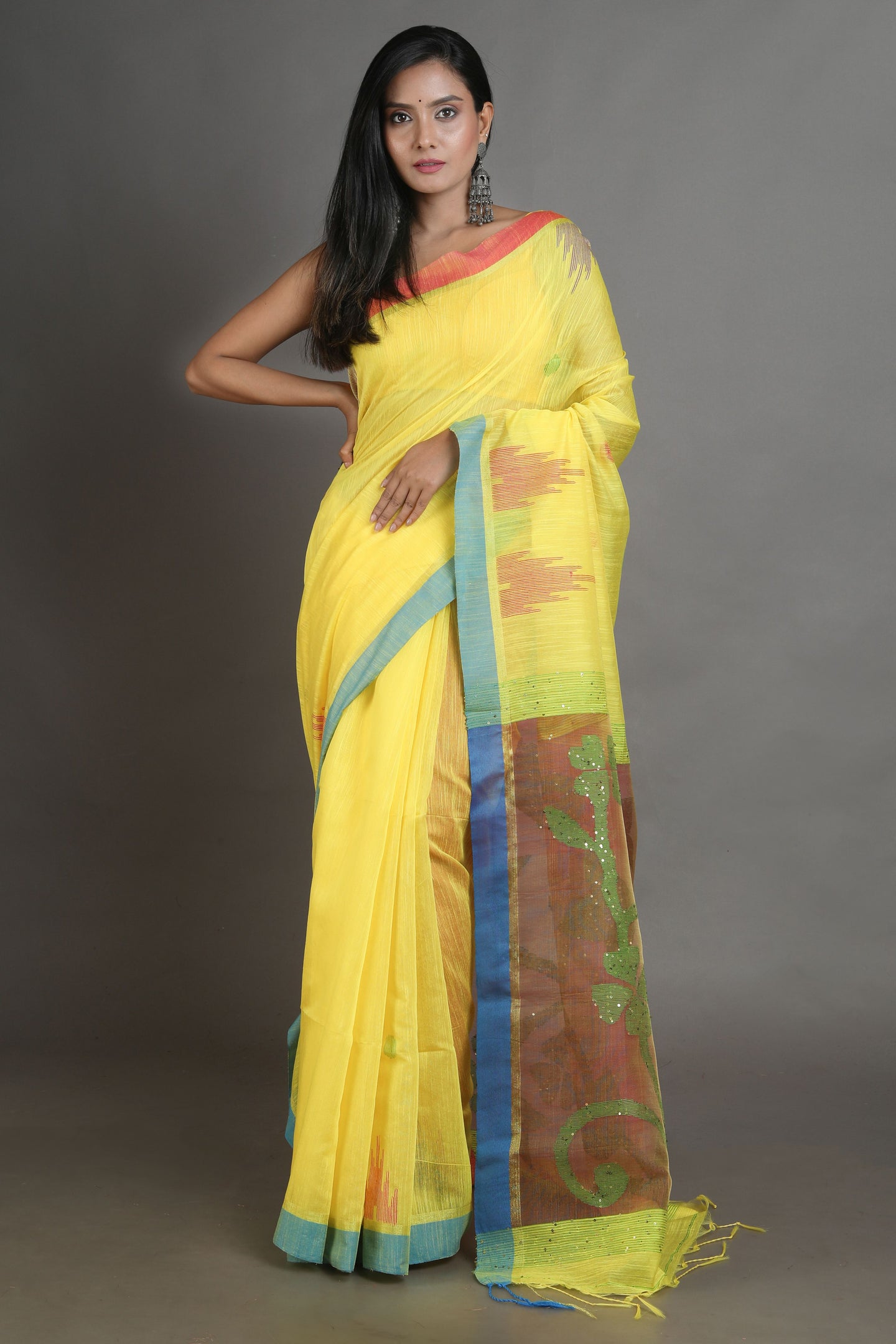 Yellow Blended Cotton Handwoven Soft Saree With Resham Pallu