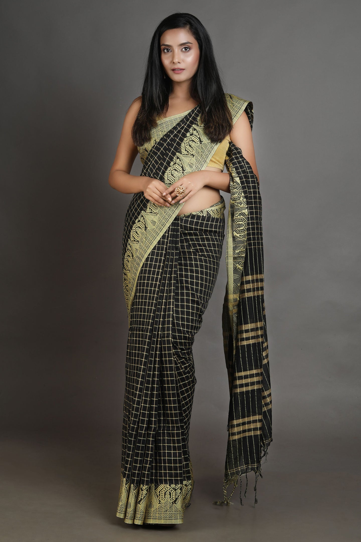 Black Handwoven Cotton Saree With Checks Design