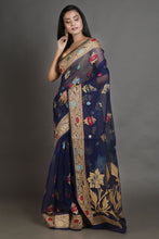 Load image into Gallery viewer, Navy Blue Silk Cotton Handwoven Jamdani Saree
