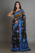 Load image into Gallery viewer, Black and Blue Silk Cotton Handwoven Jamdani Saree
