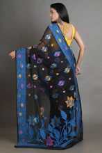 Load image into Gallery viewer, Black and Blue Silk Cotton Handwoven Jamdani Saree
