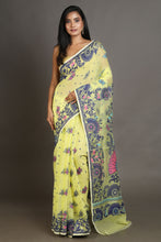 Load image into Gallery viewer, Lime Yellow Silk Cotton Handwoven Jamdani Saree
