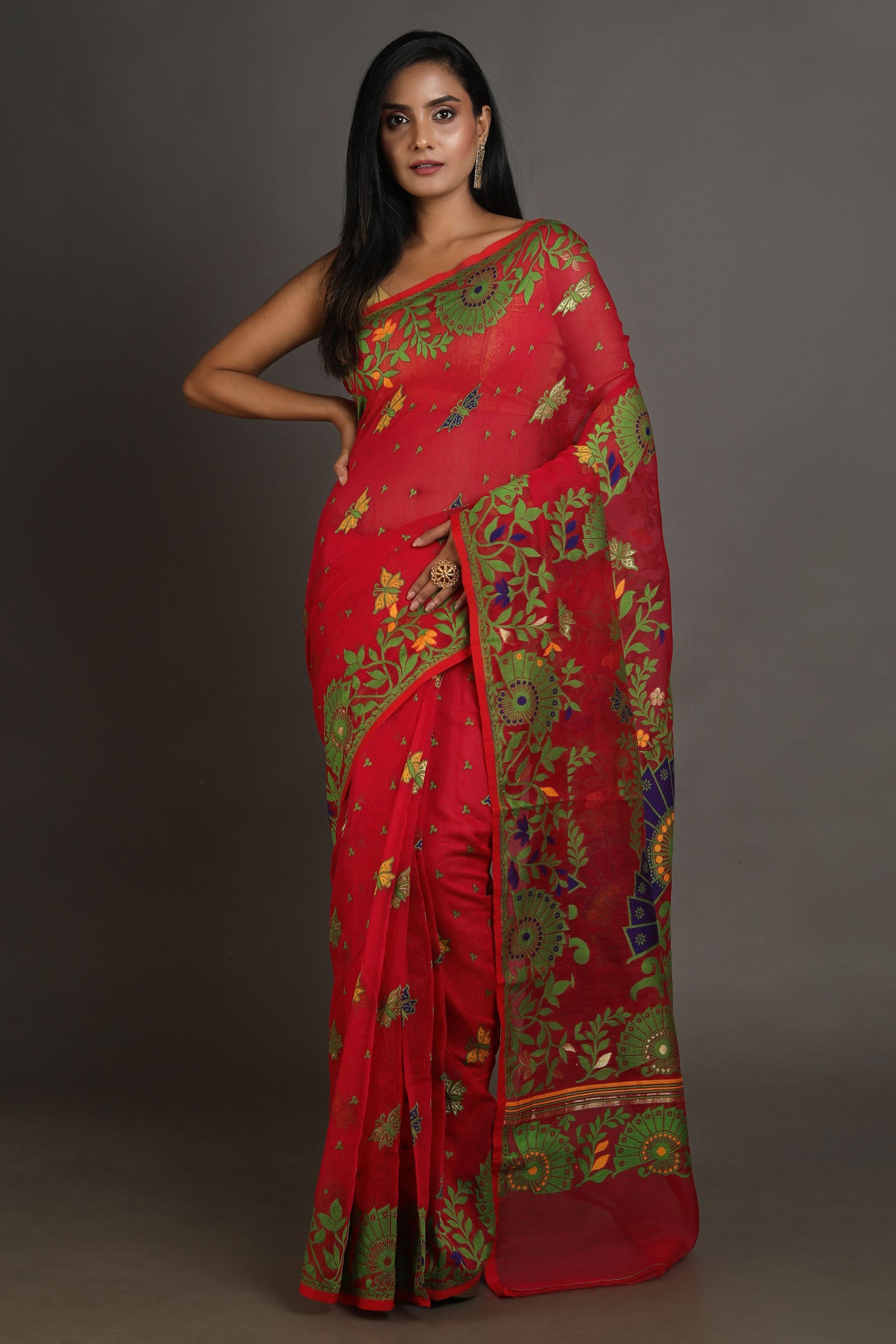 Red Silk Cotton Handwoven Jamdani Saree