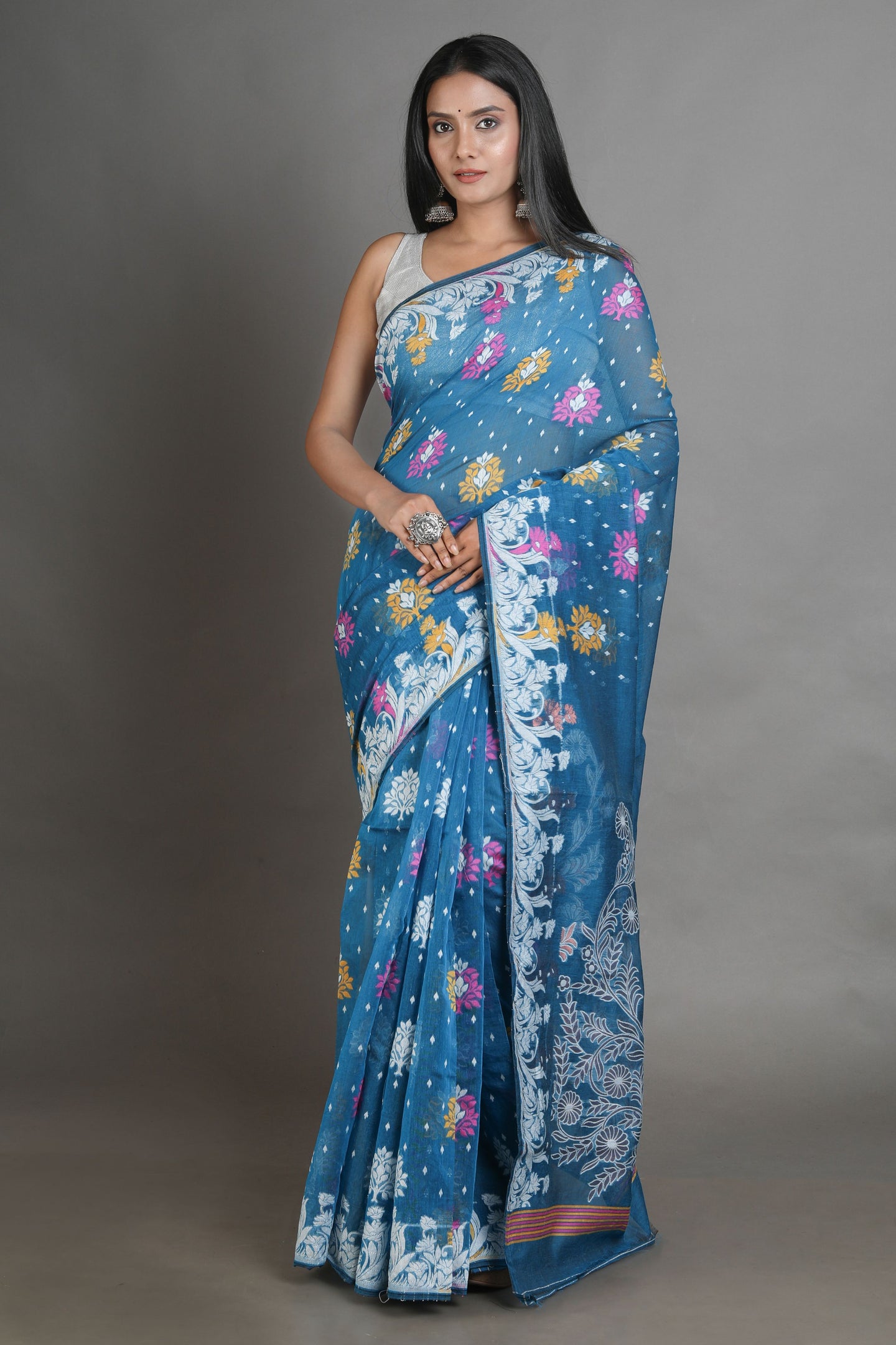 Blue Silk Cotton Handwoven Jamdani Saree