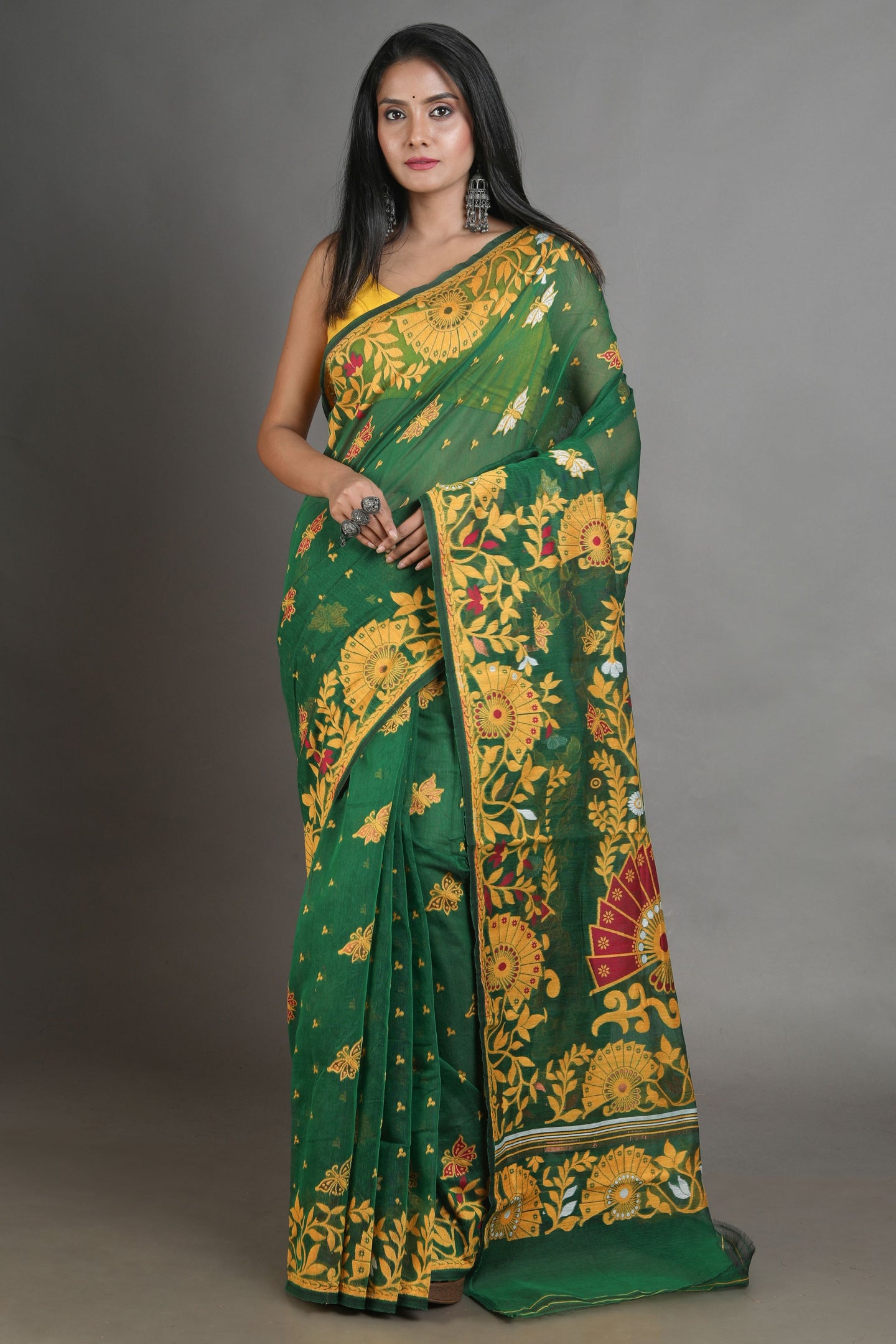 Green Silk Cotton Handwoven Jamdani Saree
