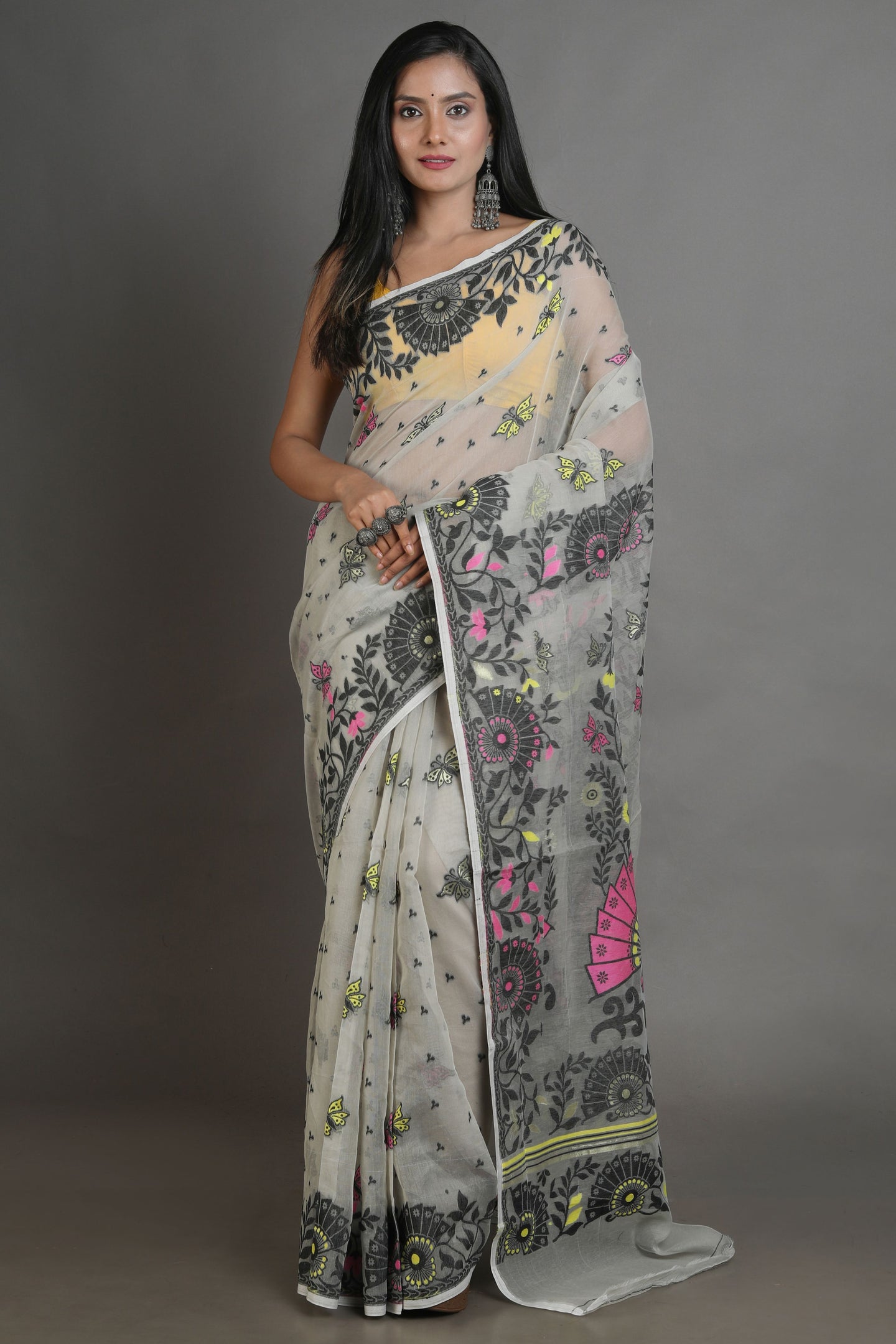 Off White Silk Cotton Handwoven Jamdani Saree