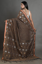 Load image into Gallery viewer, Cedar Brown Linen Handwoven Soft Saree With Zari Border
