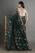 Load image into Gallery viewer, Bottol Green Linen Handwoven Soft Saree With Zari Border
