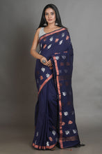 Load image into Gallery viewer, Navy Blue Linen Handwoven Soft Saree With Zari Border
