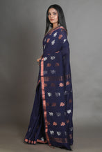Load image into Gallery viewer, Navy Blue Linen Handwoven Soft Saree With Zari Border
