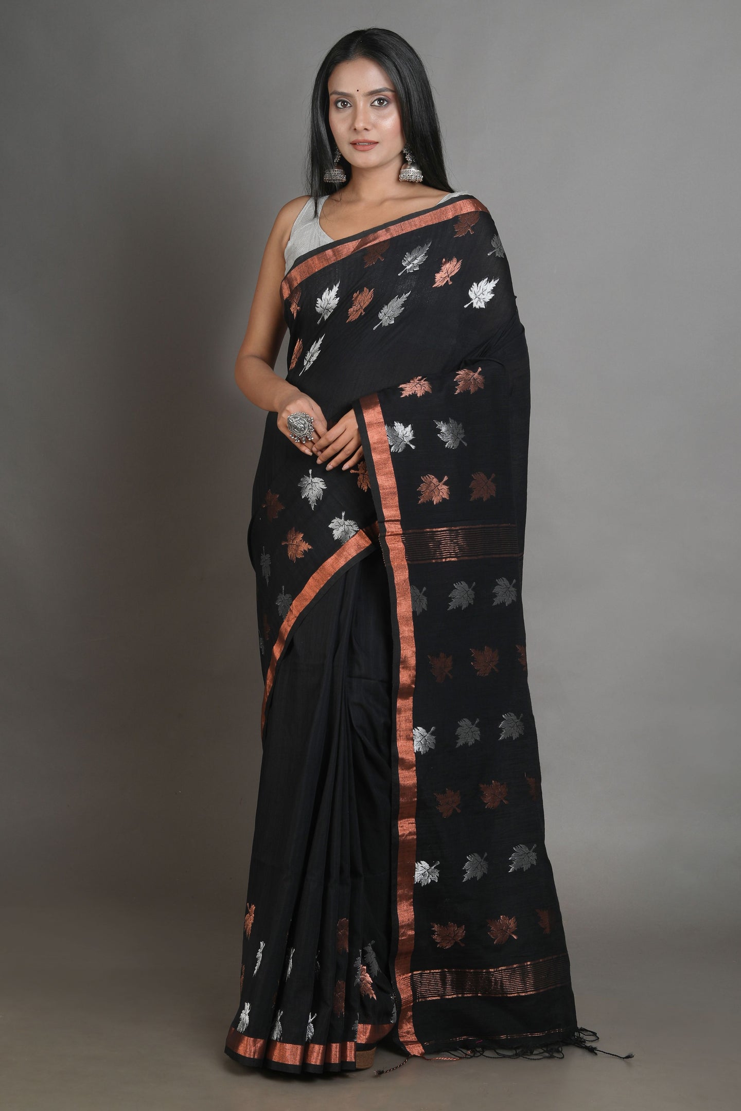 Black Linen Handwoven Soft Saree With Zari Border