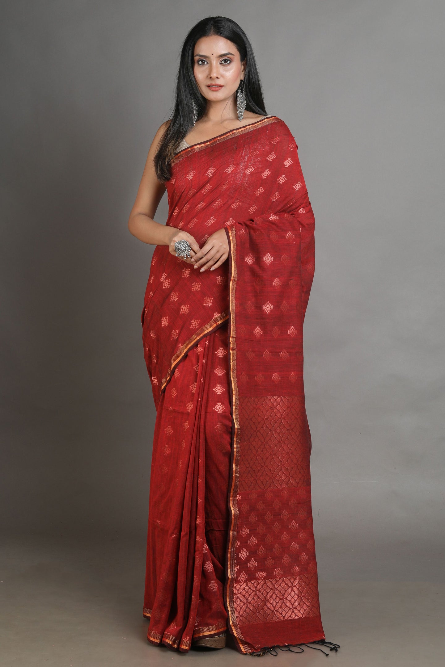 Red Linen Handwoven Soft Saree With Zari Border