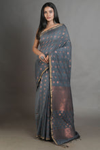 Load image into Gallery viewer, Grey Linen Handwoven Soft Saree With Zari Border
