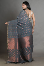 Load image into Gallery viewer, Grey Linen Handwoven Soft Saree With Zari Border
