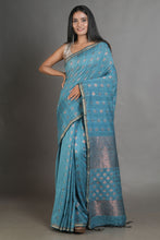 Load image into Gallery viewer, Teal Linen Handwoven Soft Saree With Zari Border
